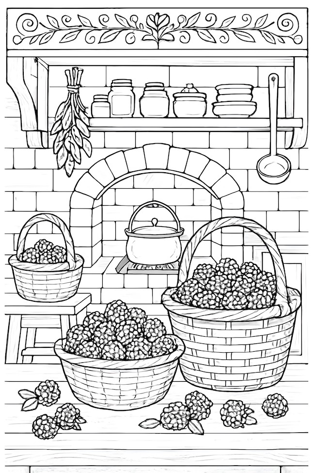 Coloring page of a rustic kitchen featuring baskets filled with blackberries and a stove in the background