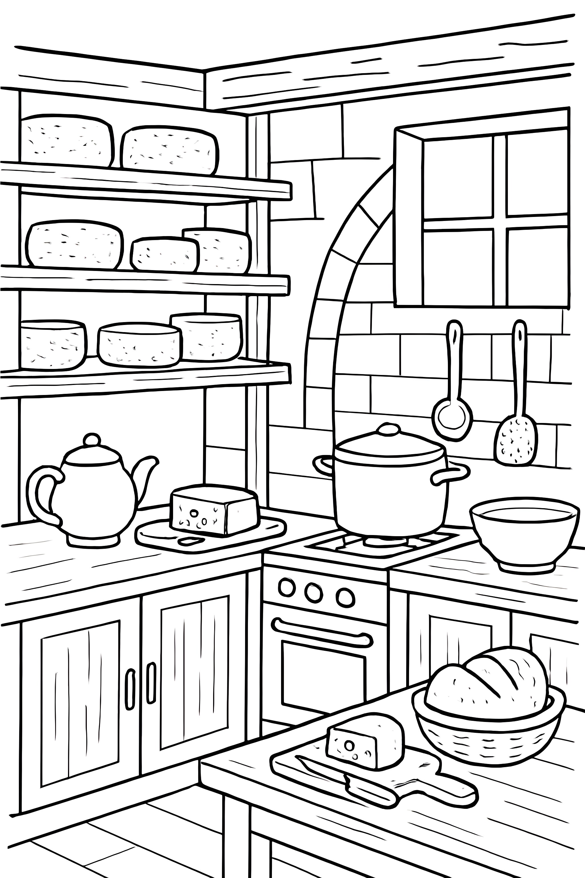 Coloring page of a rustic kitchen featuring aging cheese on shelves, a pot on the stove, and various kitchenware on countertops