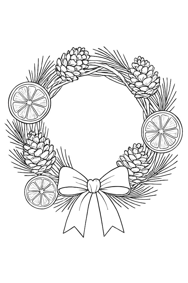 Coloring page of a rustic wreath featuring pinecones, dried orange slices, and a ribbon bow