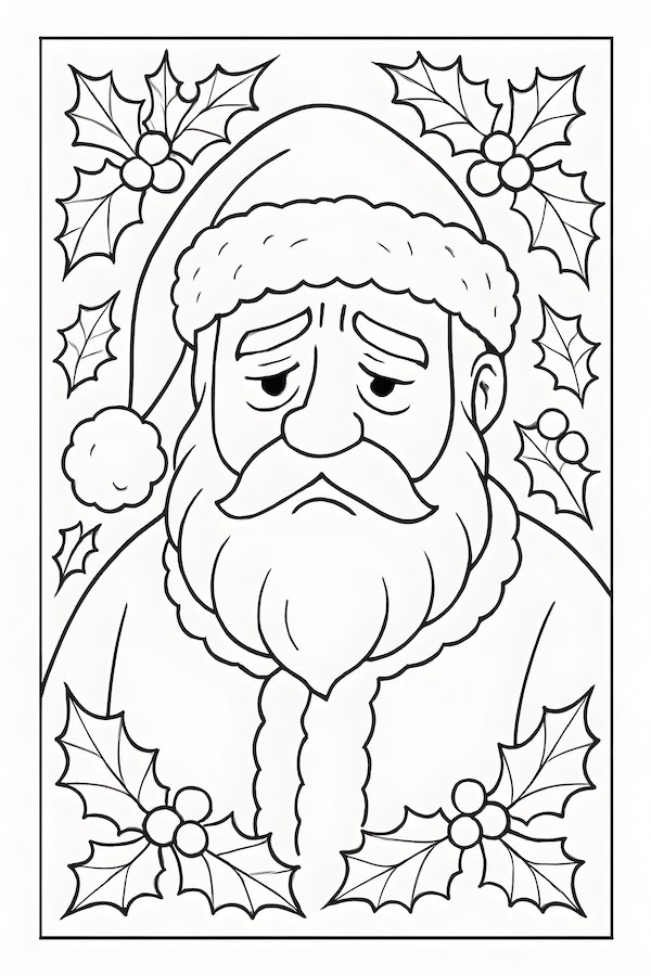 Coloring page of a sad Santa Claus surrounded by holly boughs and leaves