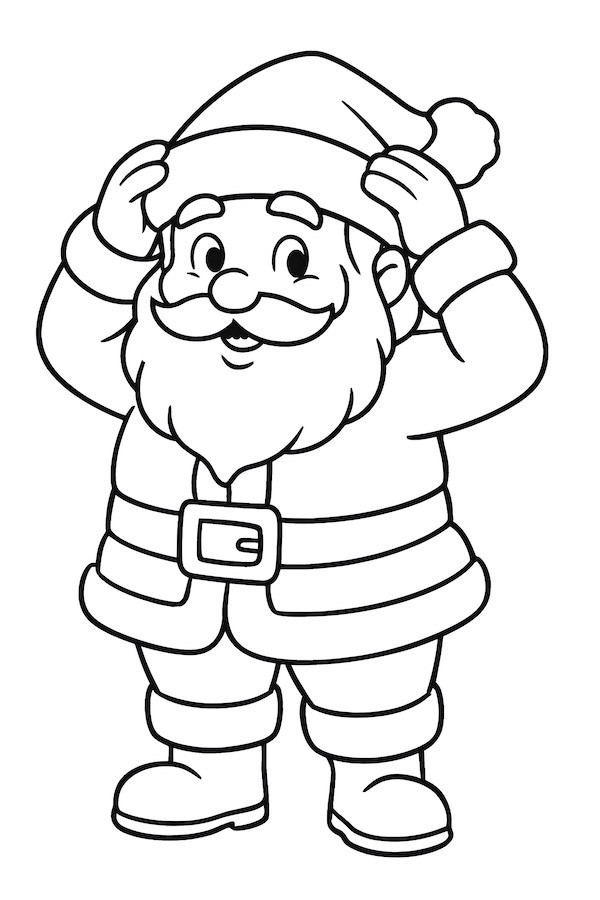 Coloring page of Santa Claus adjusting his hat, smiling with a fluffy beard and a red suit
