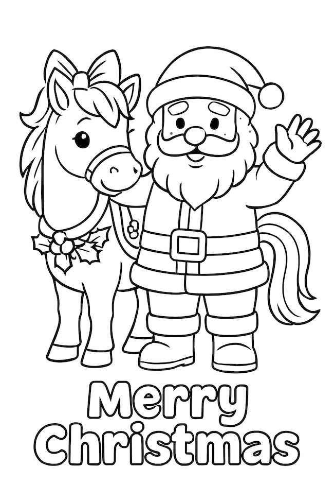 Coloring page of Santa Claus with a smiling horse wearing a wreath, alongside a 'Merry Christmas' greeting