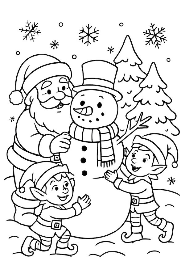Santa Claus constructing a snowman with two smiling elves amid snowflakes and pine trees