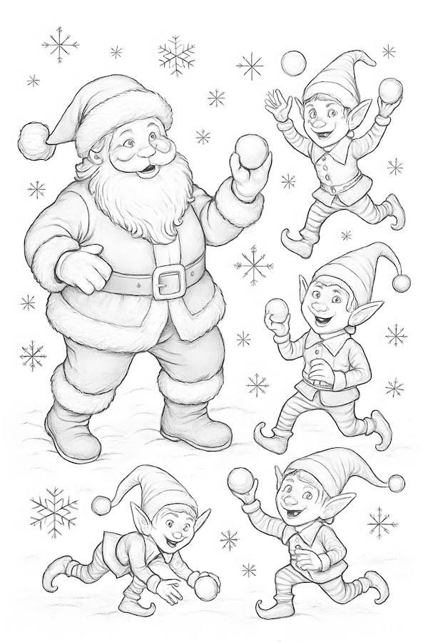Coloring page depicting Santa Claus enjoying a snowball fight with four cheerful elves amidst snowflakes