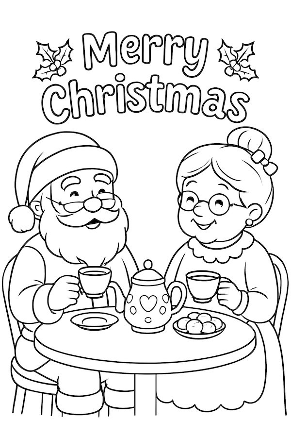 Coloring page of Santa Claus and Mrs. Claus enjoying tea at a table with a teapot and cookies