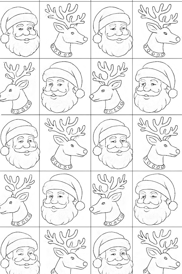 Coloring page of Santa and reindeer in a checkered pattern featuring alternating images of each character