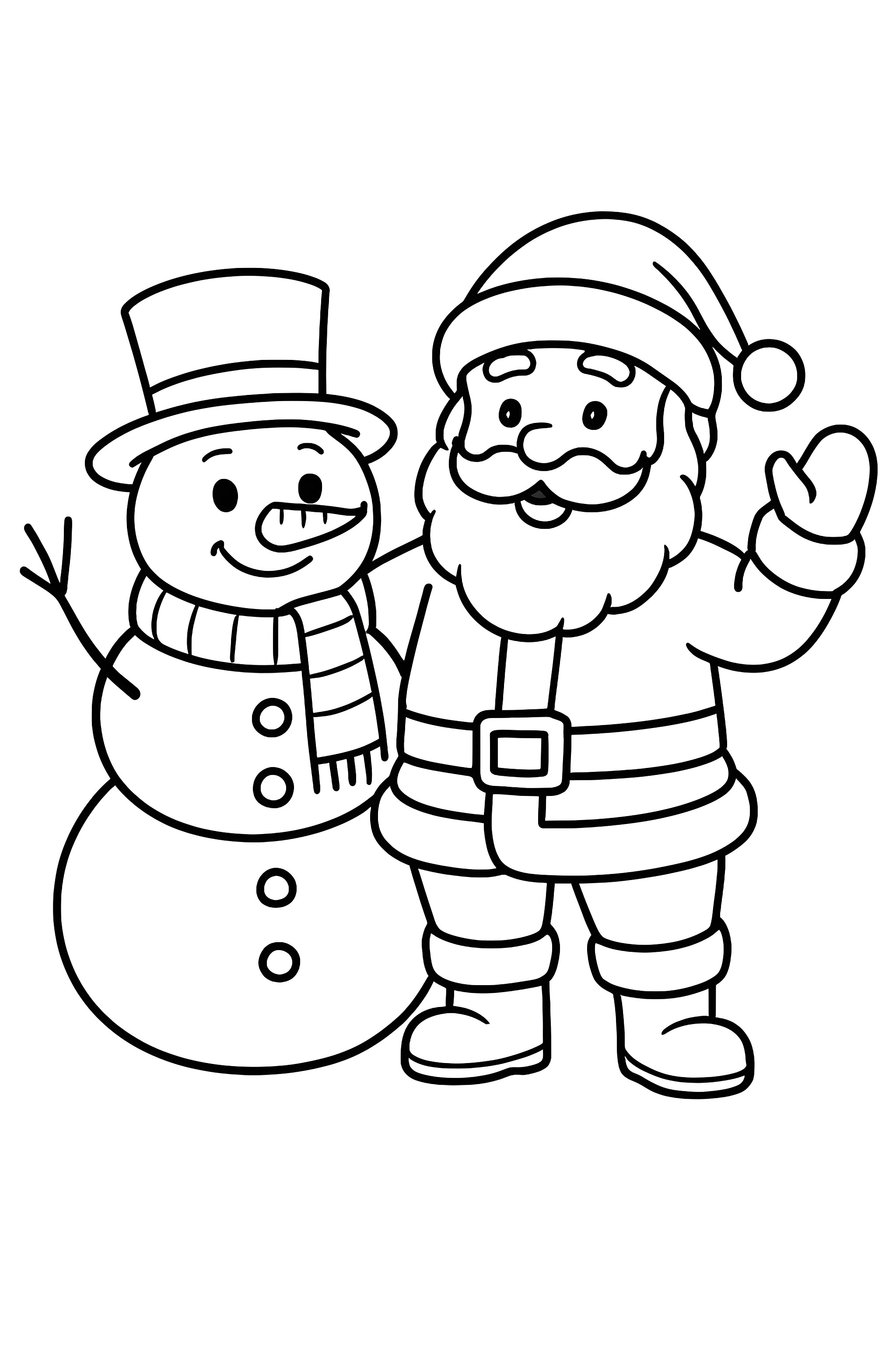 Coloring page depicting Santa Claus and a cheerful snowman standing together, with Santa waving and wearing a traditional red outfit and snowman sporting a top hat and scarf.