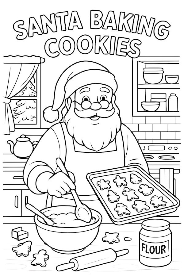 Santa baking cookies in a cozy kitchen, mixing dough with a large bowl and holding a tray of shaped cookies