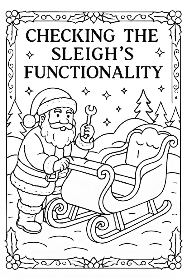 Coloring page of Santa Claus using a wrench to check the functionality of a sleigh in a snowy landscape