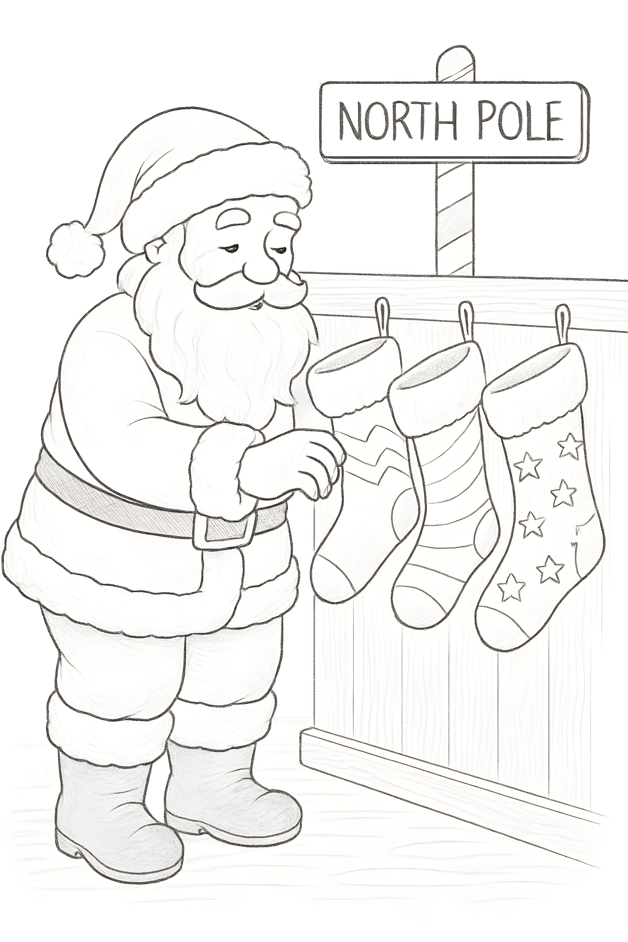 Coloring page of Santa Claus checking Christmas stockings against a wooden fence with a North Pole sign