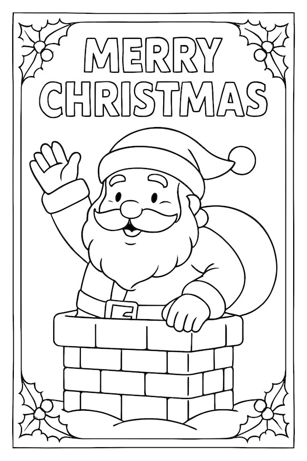 Coloring page of Santa Claus waving from a chimney with a bag, surrounded by a decorative frame and the text 'Merry Christmas'