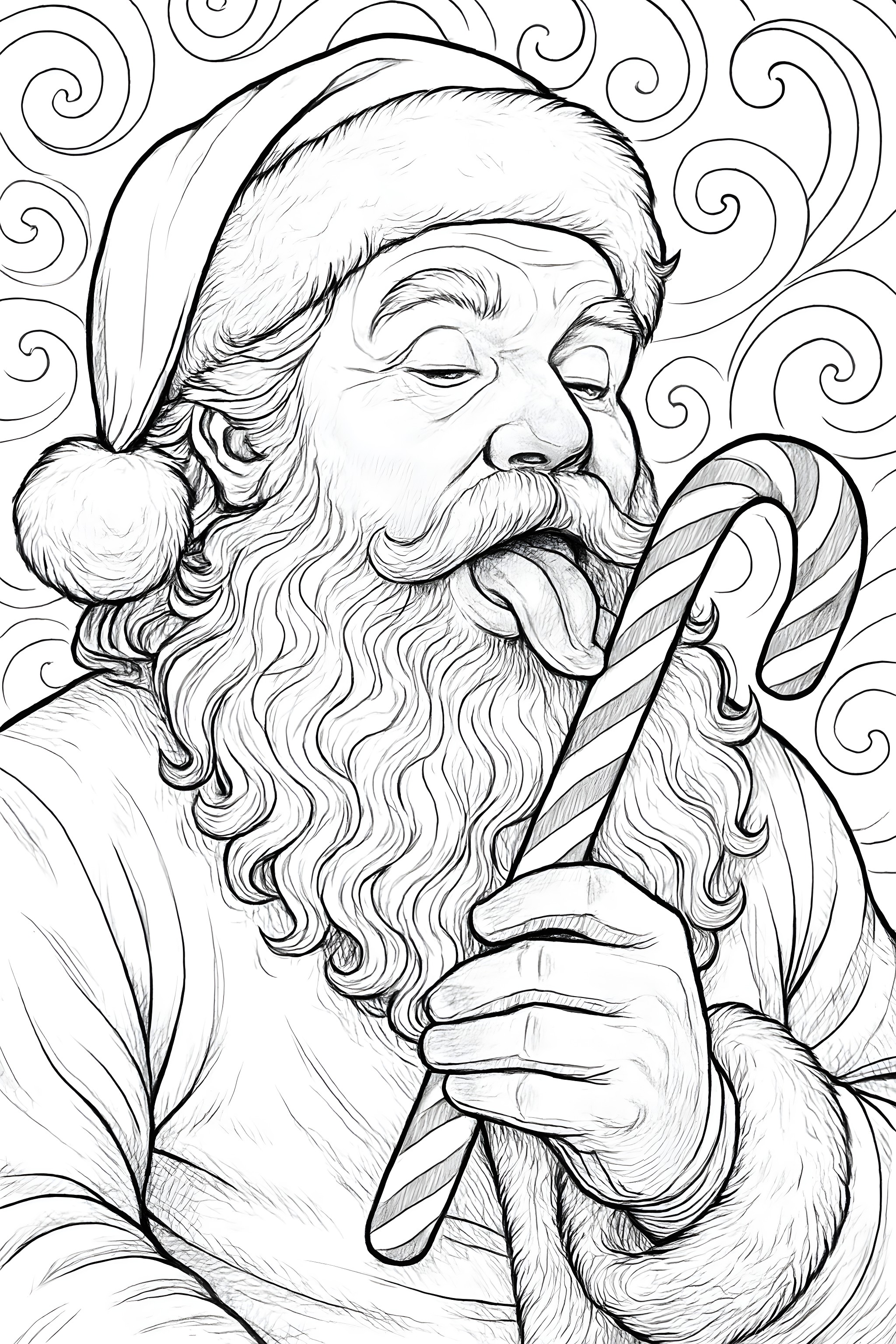 Coloring page of Santa Claus licking a striped candy cane, featuring intricate swirling background patterns