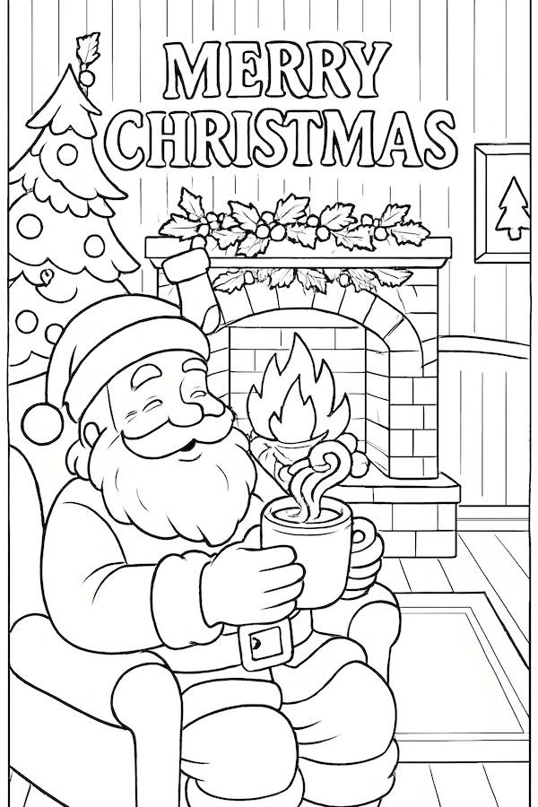 Santa Claus sitting in a cozy chair, holding a cup of hot cocoa by a decorated fireplace with a Christmas tree and 'Merry Christmas' text