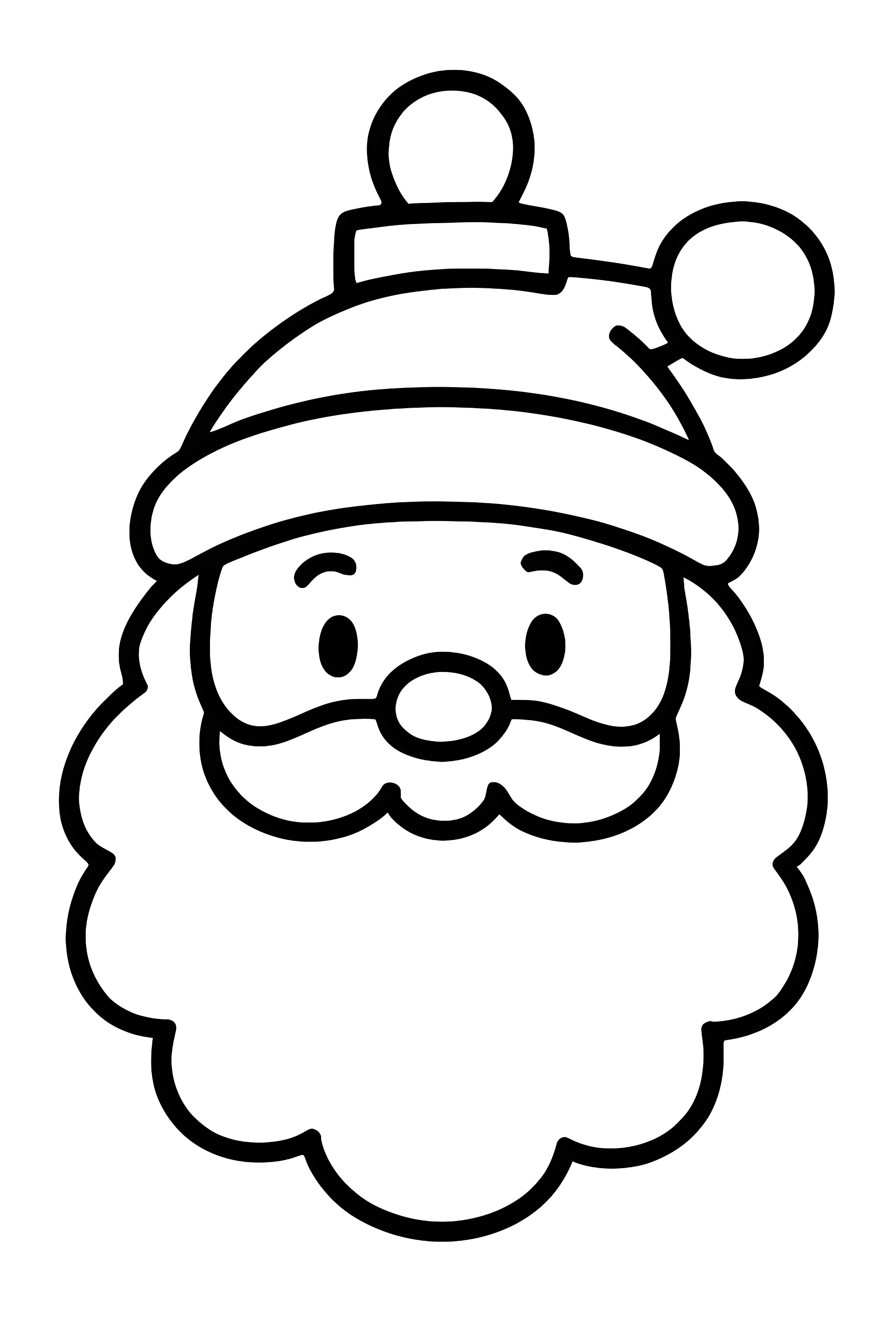 Coloring page of a Santa Claus face ornament featuring a fluffy beard and a red hat with a pom-pom