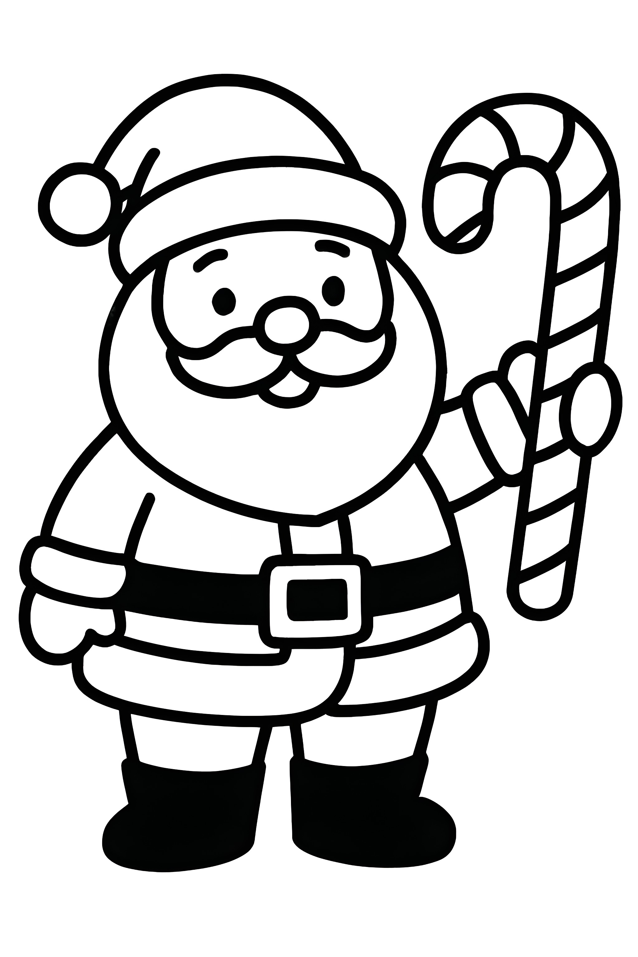 Coloring page featuring Santa Claus smiling while holding a striped candy cane, wearing his traditional red suit and hat