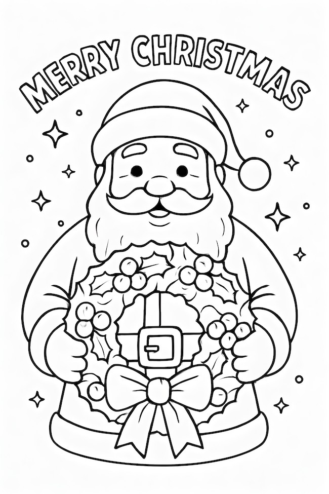Coloring page of Santa Claus holding a decorated Christmas wreath with a bow and the words Merry Christmas above