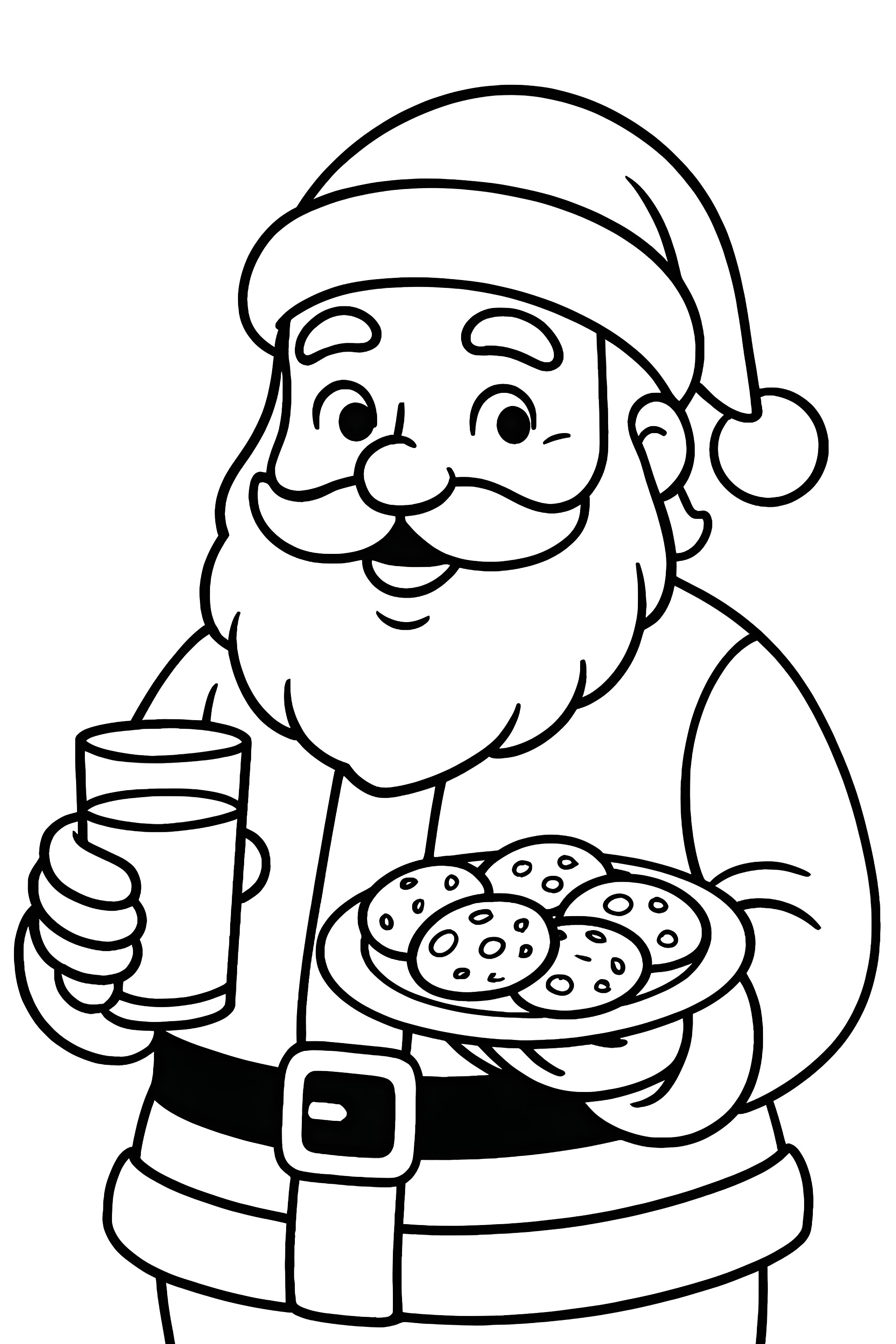 Coloring page of Santa Claus holding a plate of cookies and a glass of milk, featuring a cheerful expression and a classic red suit with a white beard