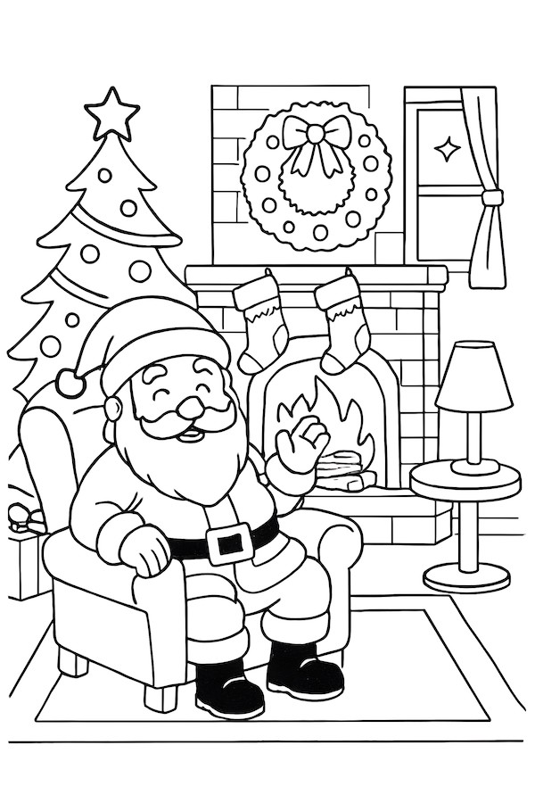 Santa Claus sitting in an armchair by a fireplace decorated with stockings and a wreath, with a Christmas tree in the background