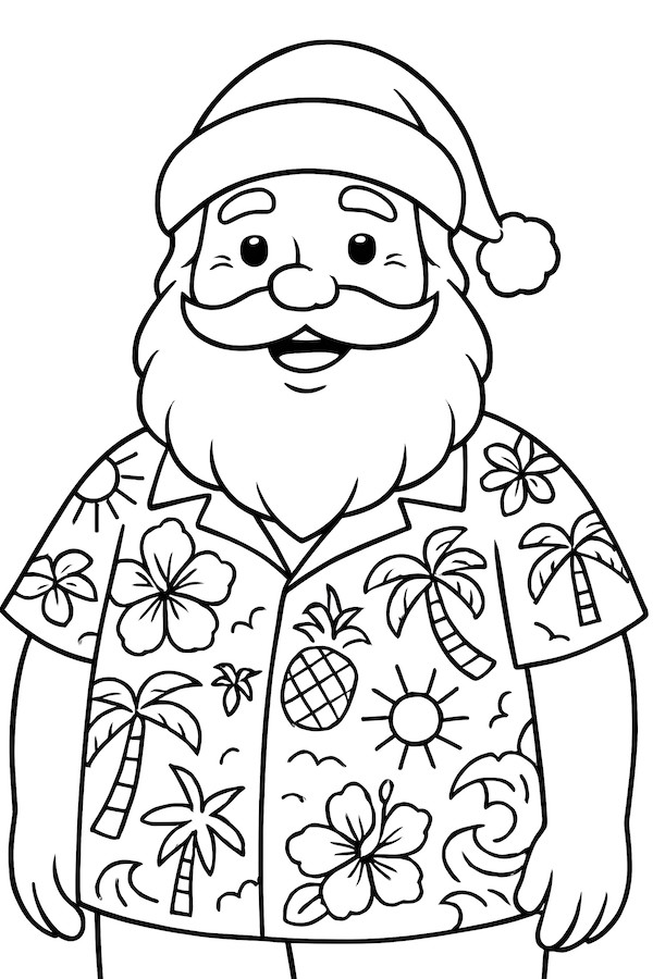 Coloring page of Santa Claus wearing a Hawaiian shirt with flowers and palm trees, smiling with a Santa hat
