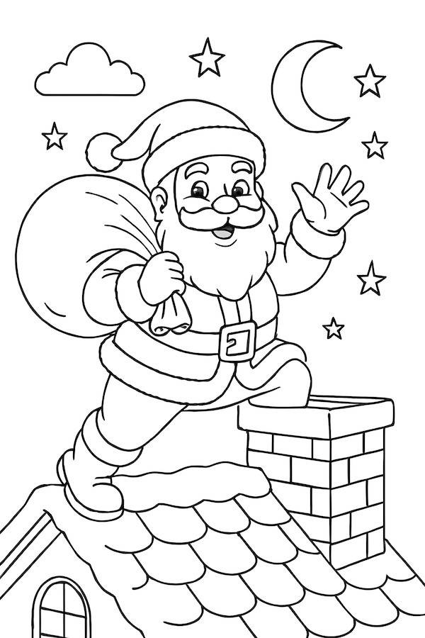 Coloring page of Santa Claus on a rooftop with a bag of gifts, waving under a moonlit sky with stars