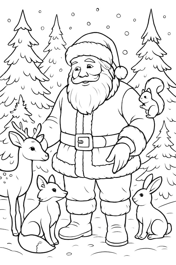 Santa Claus in a snowy forest accompanied by a deer, fox, and rabbits with evergreen trees in the background