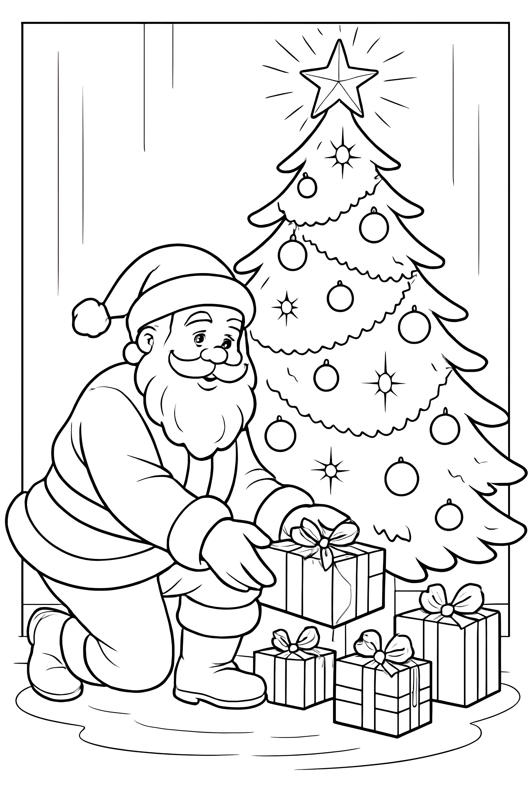 Coloring page of Santa Claus kneeling to place wrapped gifts beneath a decorated Christmas tree with ornaments and a star on top