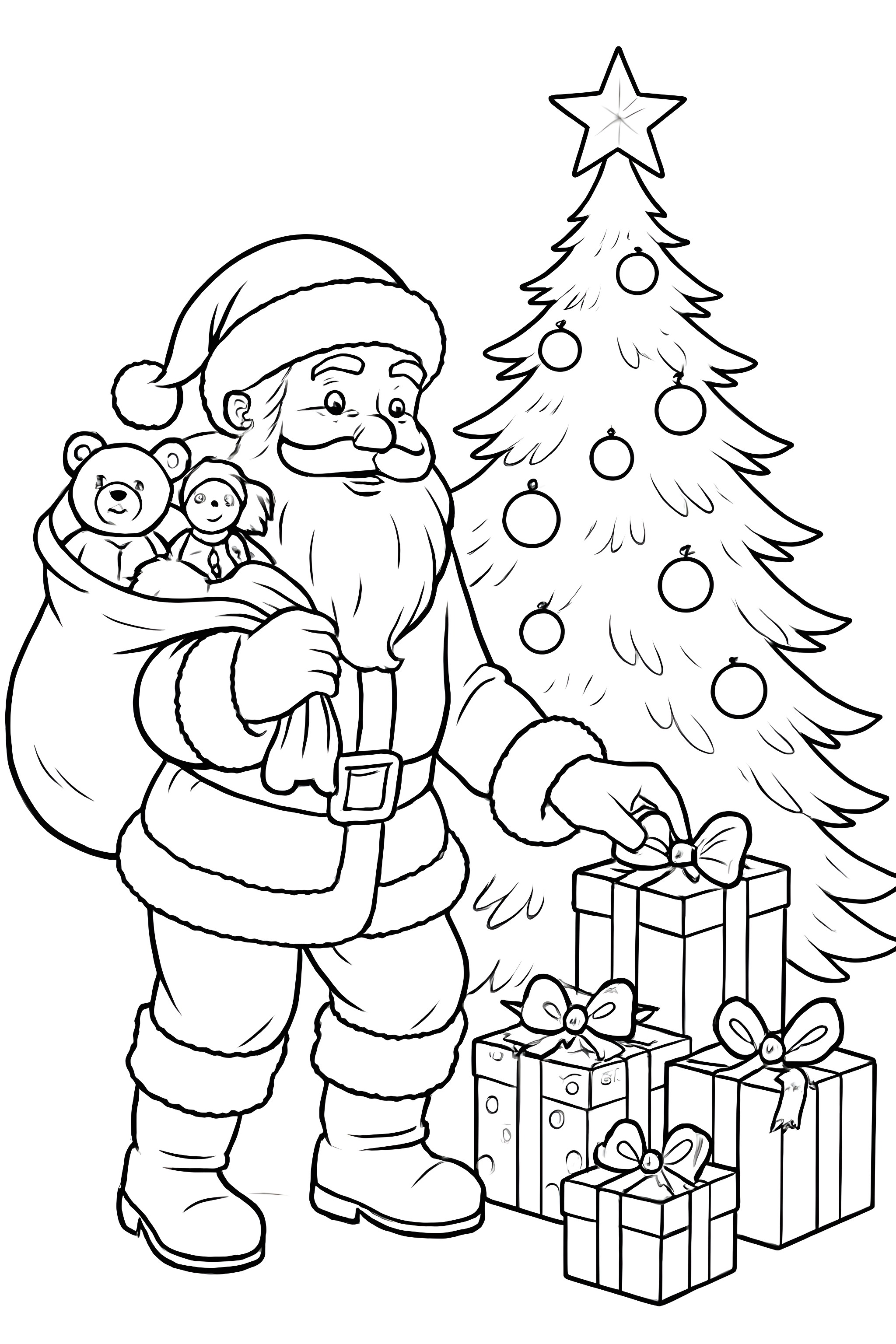 Coloring page of Santa Claus putting gifts under a decorated Christmas tree with a sack of toys in hand