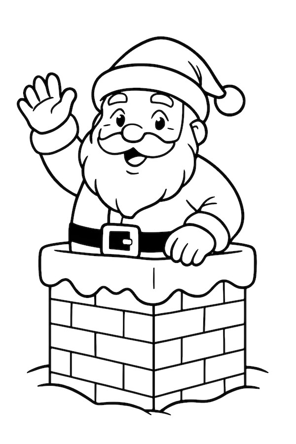 Coloring page of Santa Claus waving from a chimney, wearing a hat and belt, with snow around the base