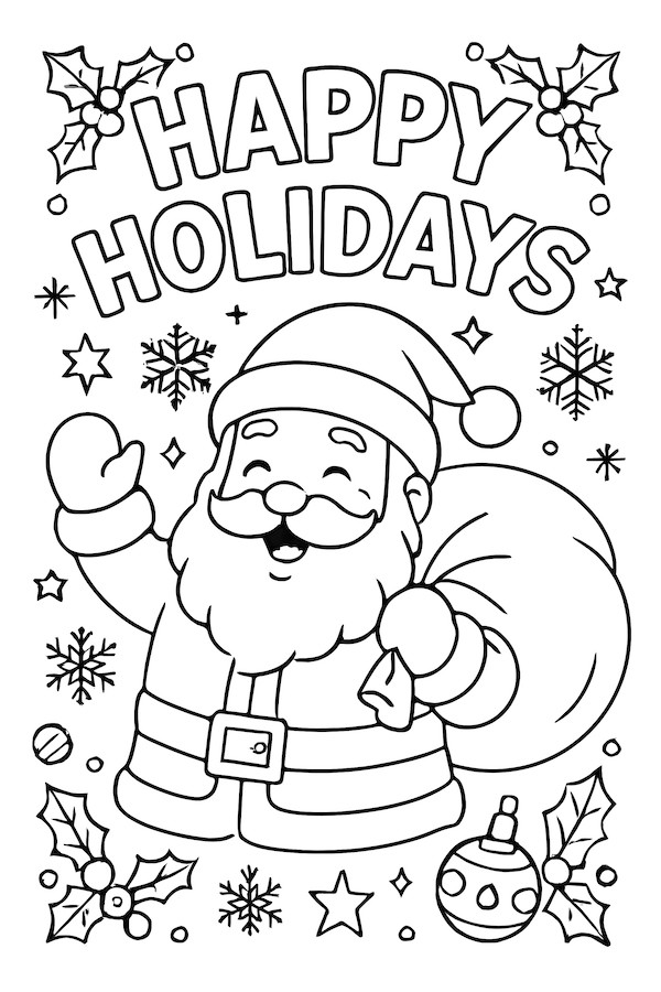 Coloring page of Santa Claus waving happily, holding a gift bag, surrounded by holiday decorations including snowflakes, holly, and ornaments
