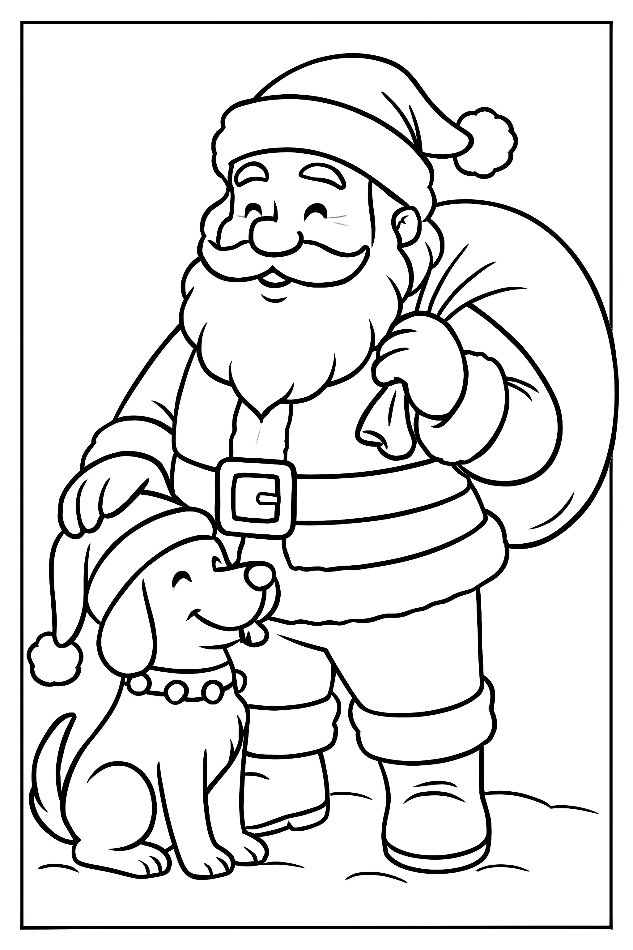 Coloring page featuring Santa Claus wearing a red suit and a hat, standing beside his cheerful dog with a collar and a festive hat