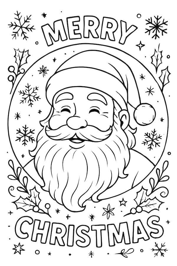 Coloring page of Santa Claus with a bushy beard, a festive hat, and surrounded by snowflakes and holly leaves