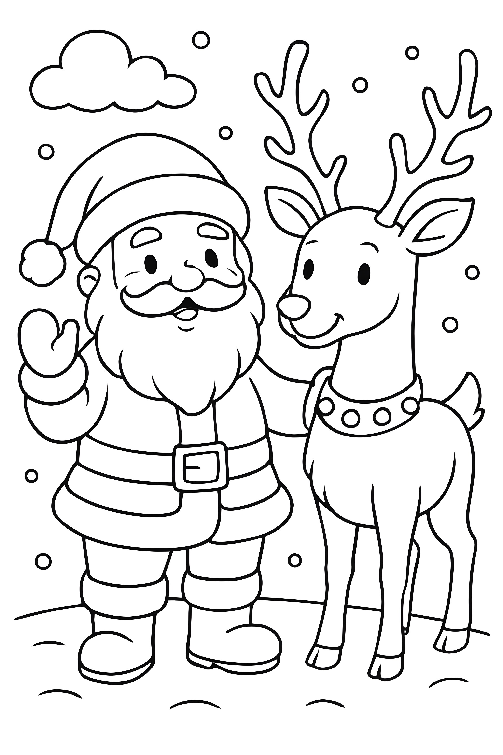 Coloring page featuring Santa Claus waving next to a friendly reindeer with antlers, set against a snowy background with clouds and snowflakes