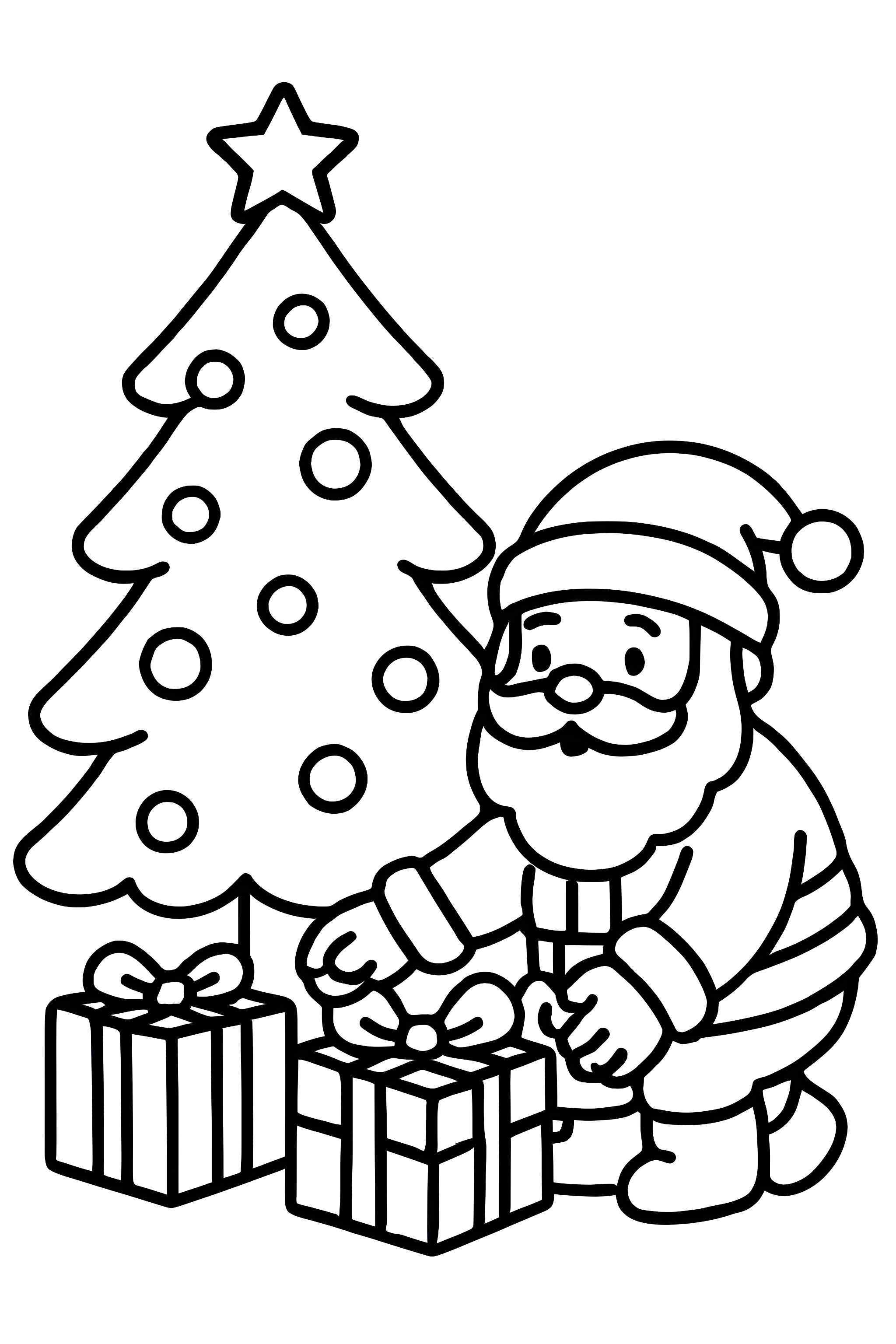 Coloring page featuring Santa Claus placing wrapped gifts under a Christmas tree with a star and polka dots