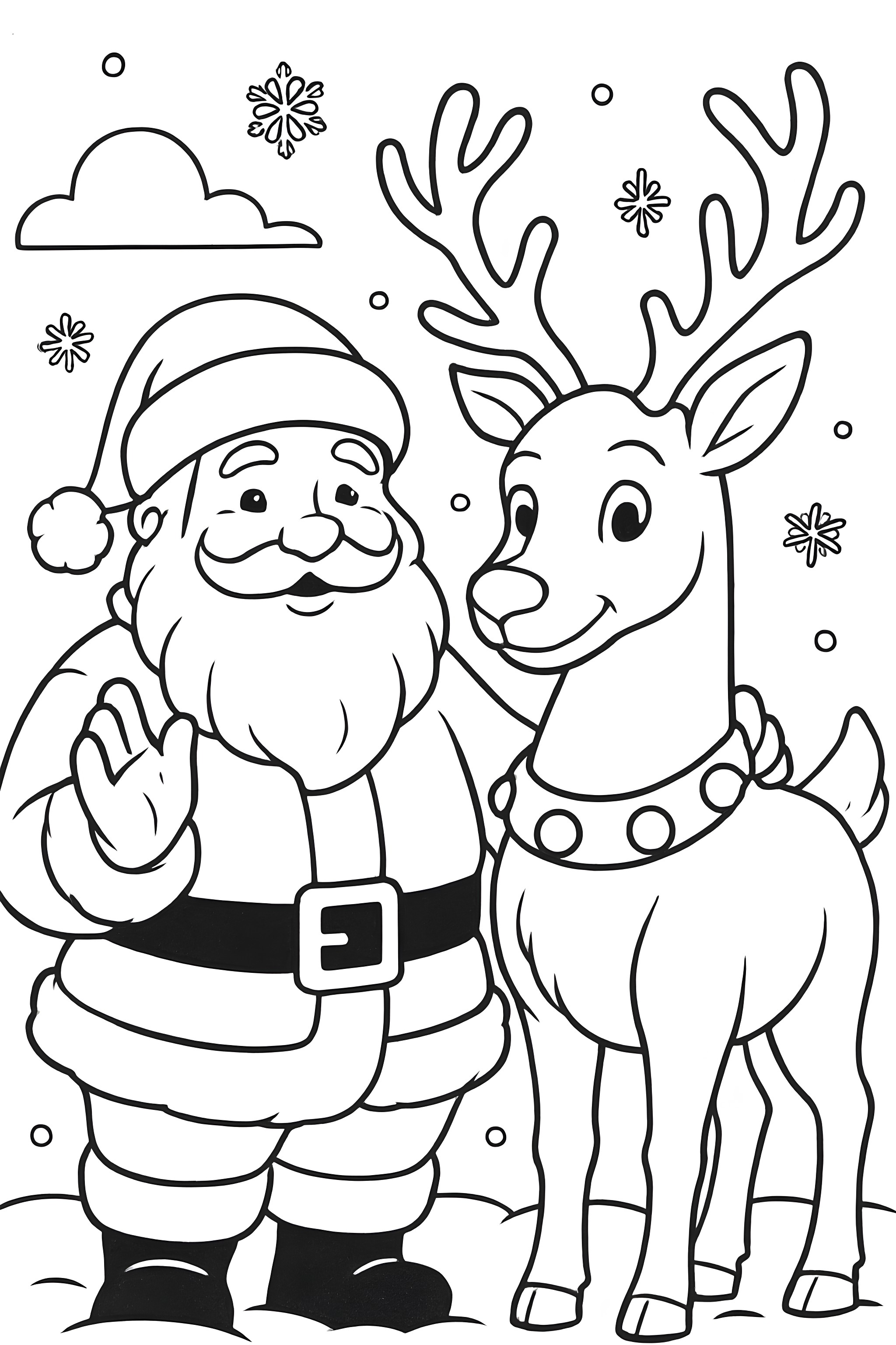 Coloring page featuring Santa Claus waving beside a smiling reindeer with antlers and a collar