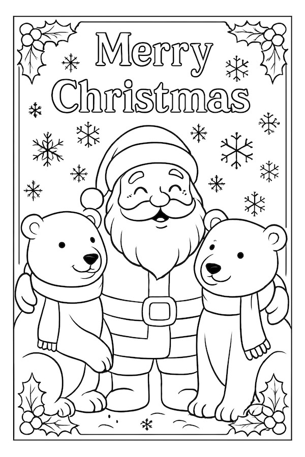 Coloring page of Santa Claus surrounded by two playful polar bears wearing scarves under a snowy backdrop with snowflakes