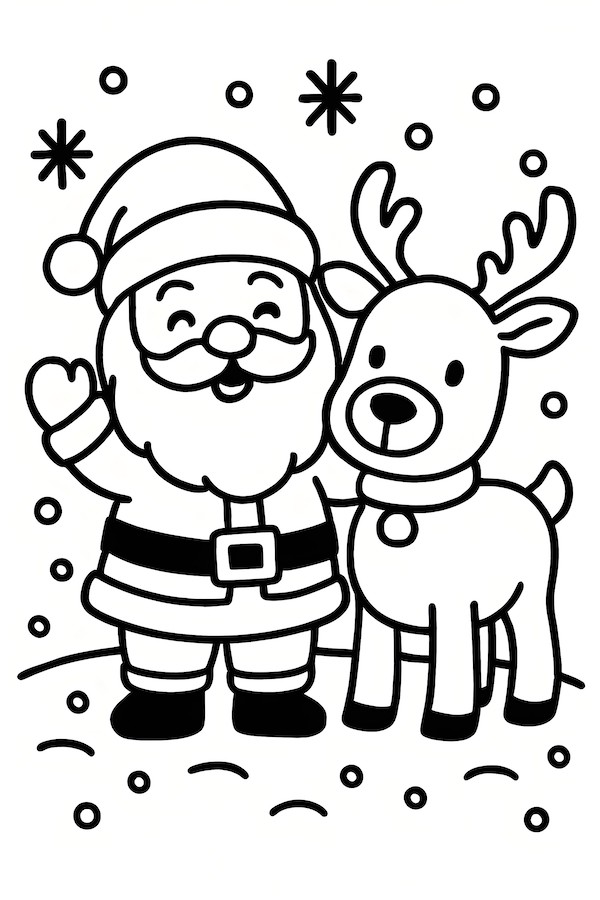 Santa Claus waving beside a reindeer in the snow with snowflakes falling around them