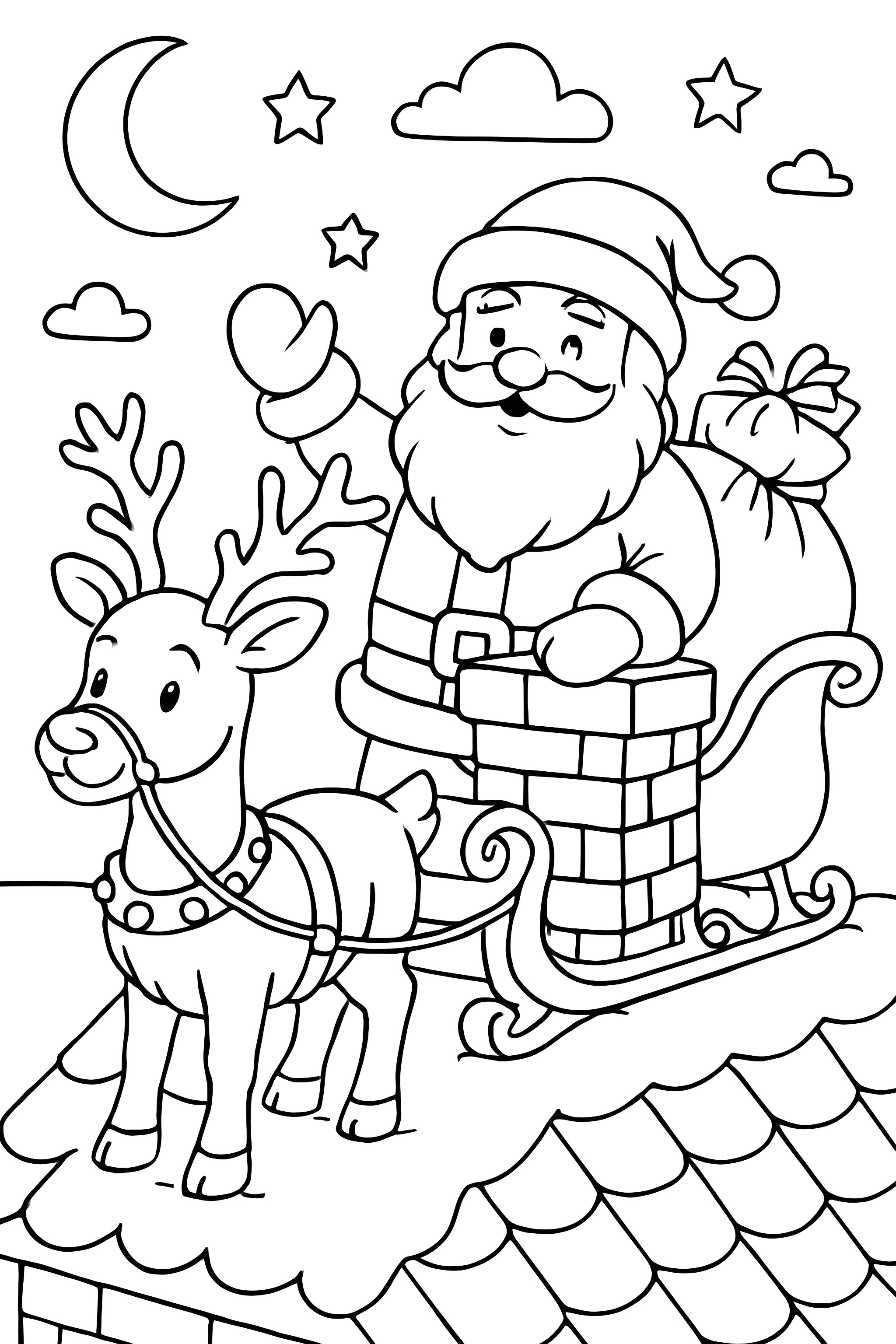 Coloring page depicting Santa Claus waving with a bag of gifts, standing on a sleigh next to a reindeer on a rooftop under a crescent moon and stars
