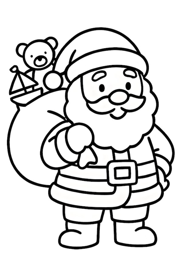 Coloring page of Santa Claus holding a jingle bell and a sack of toys, including a teddy bear and a toy sailboat