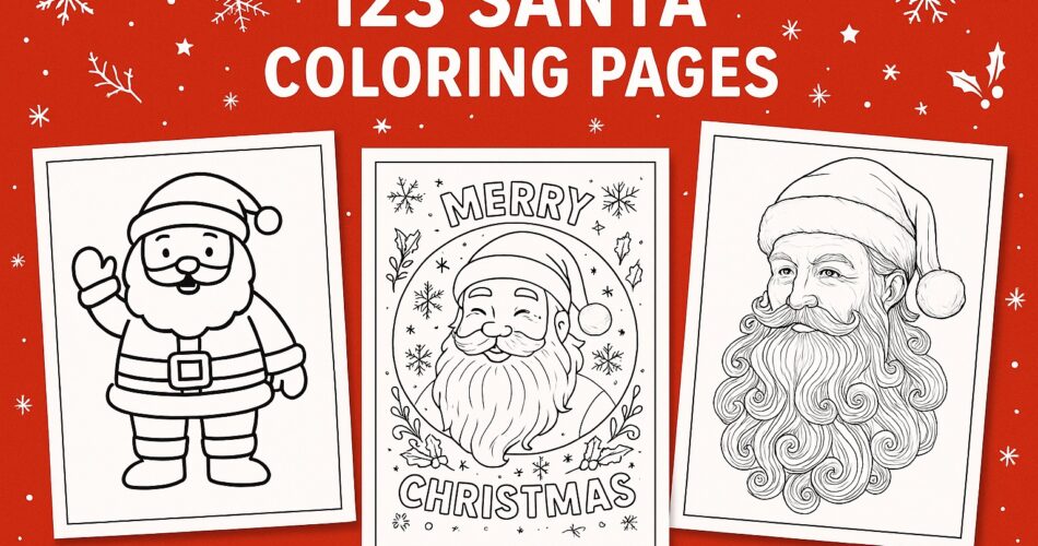 A horizontal red Christmas-themed banner displaying three white Santa coloring pages arranged side by side. The pages include a cute waving Santa, a “Merry Christmas” Santa portrait, and an intricate realistic Santa with a long curly beard. Snowflakes, holly, and festive motifs decorate the background, with the title “123 Santa Coloring Pages” centered at the top.