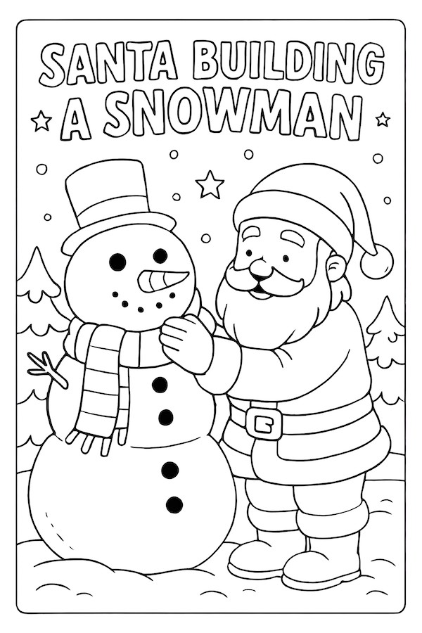 Santa building a snowman wearing a top hat with buttons and a scarf, surrounded by trees and stars