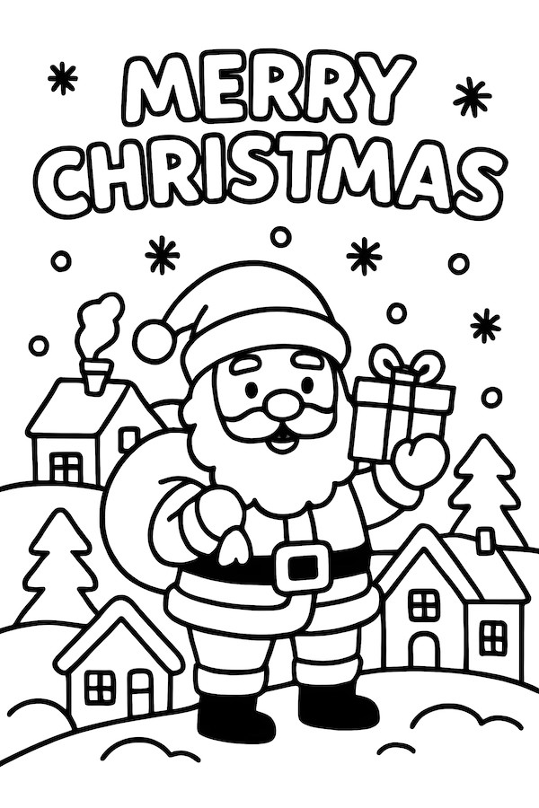 Coloring page of Santa Claus holding a present in a snowy village with houses and Christmas trees