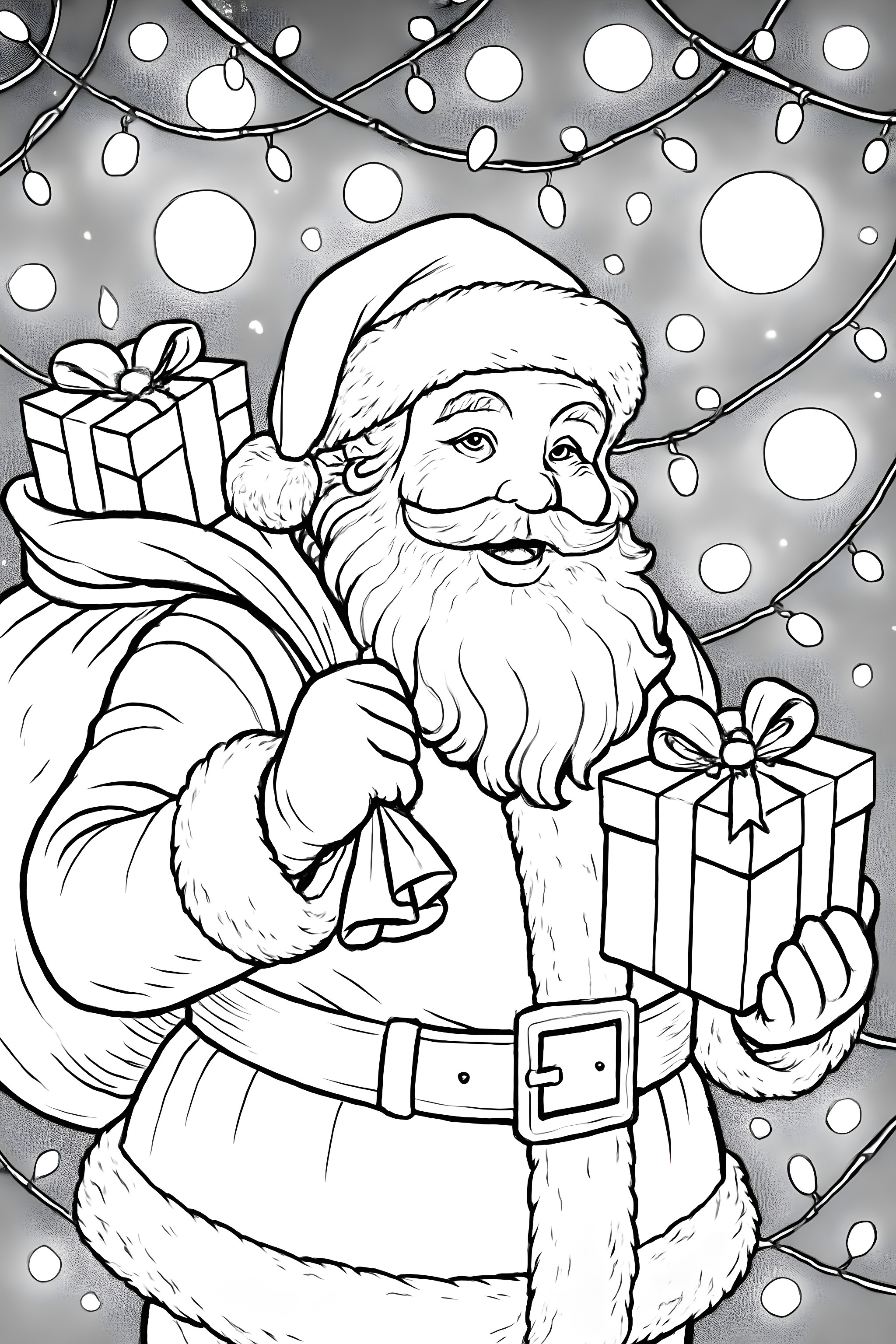 Coloring page of Santa Claus holding presents with a bag and surrounded by glowing lights