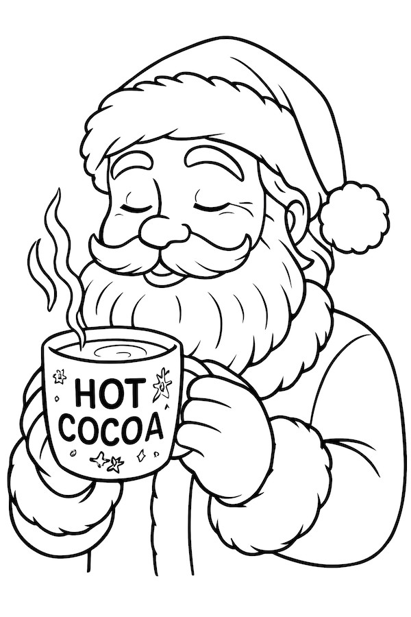 Santa holding a steaming mug labeled 'HOT COCOA' and smiling warmly