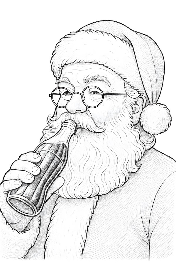 Close-up of Santa Claus sipping from a vintage glass bottle of soda, wearing a red hat and glasses, with a detailed beard and expressive features