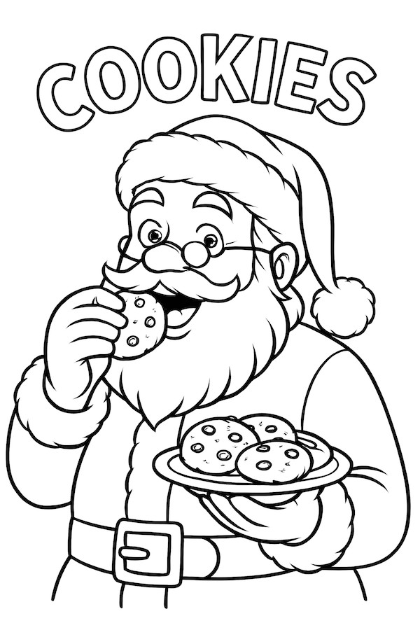 Coloring page of Santa Claus enjoying cookies with a plate of baked treats