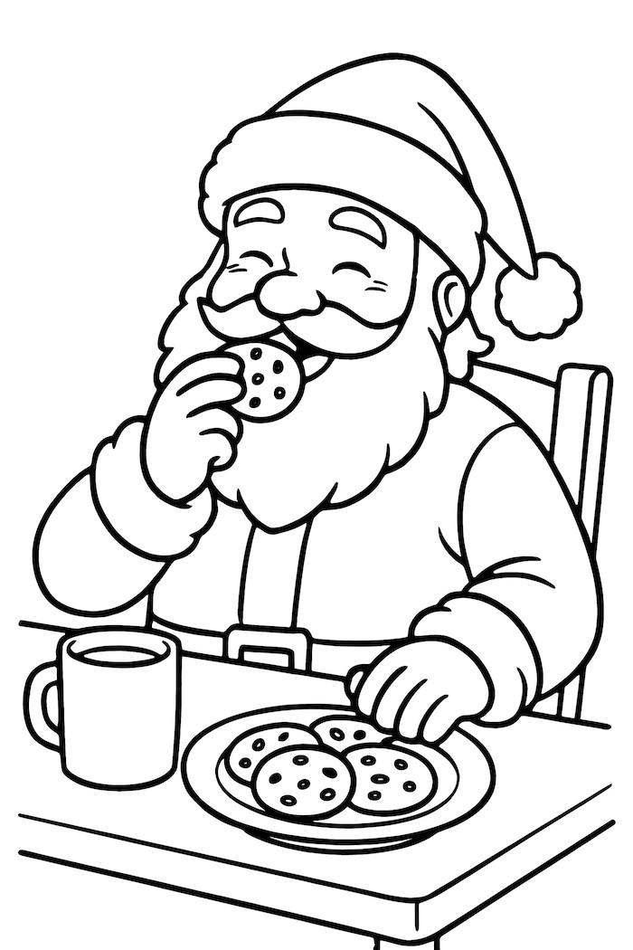 Coloring page of Santa sitting at a table, eating cookies from a plate with a cup beside him