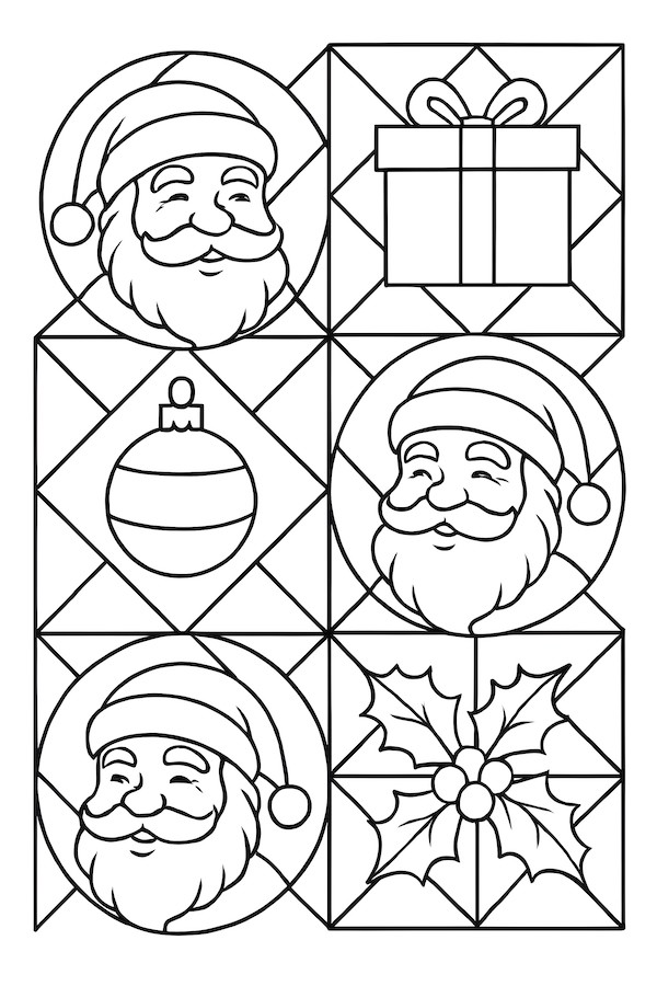 Coloring page featuring Santa Claus faces, a gift box, a Christmas ornament, and holly leaves arranged in geometric shapes