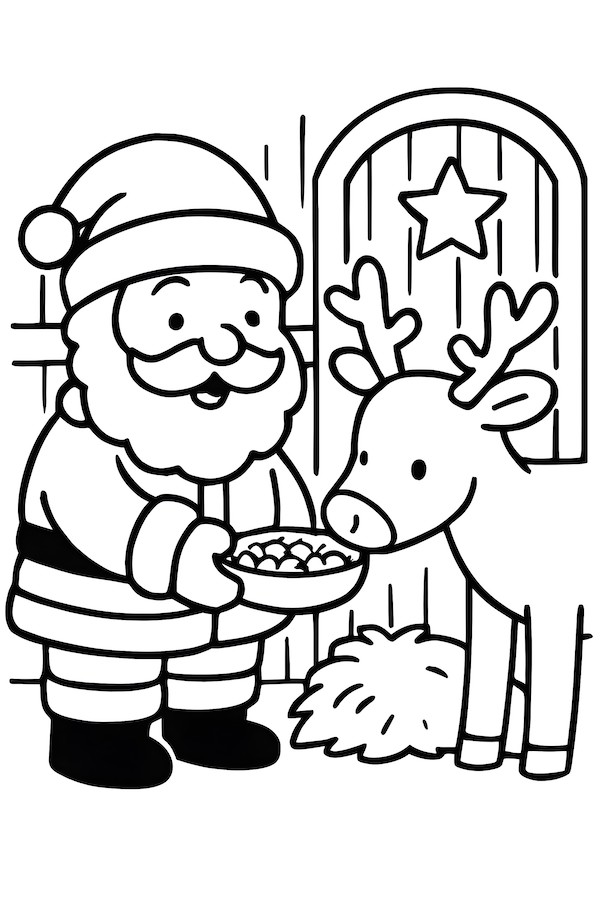 Santa Claus holding a bowl of food while feeding a reindeer in a stable
