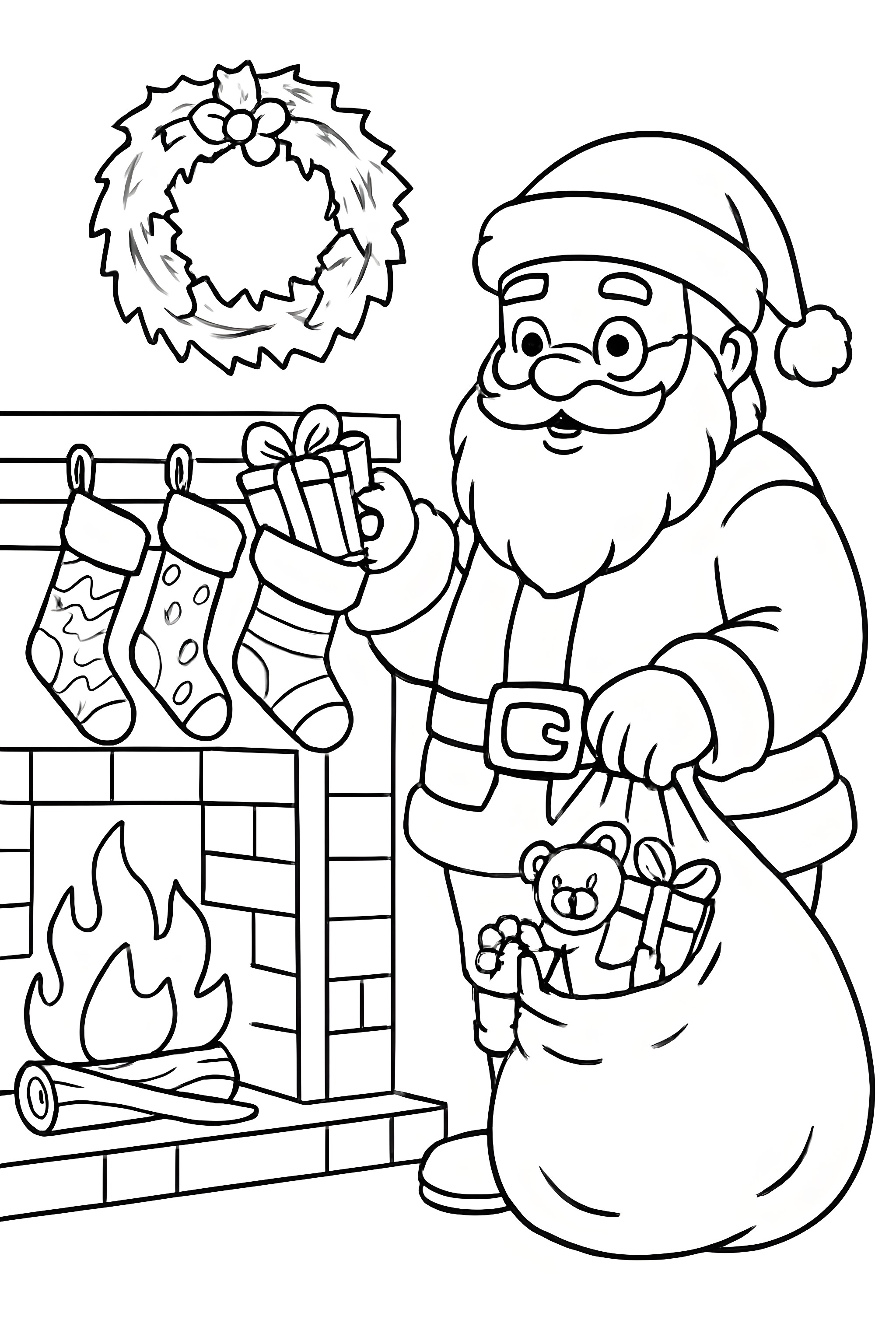 Santa Claus holding gifts while standing beside a fireplace with Christmas stockings and a wreath