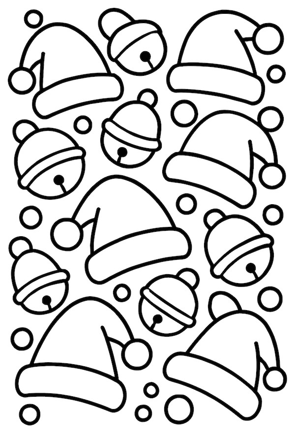 Coloring page of a repeating pattern featuring Santa hats and bells with polka dots